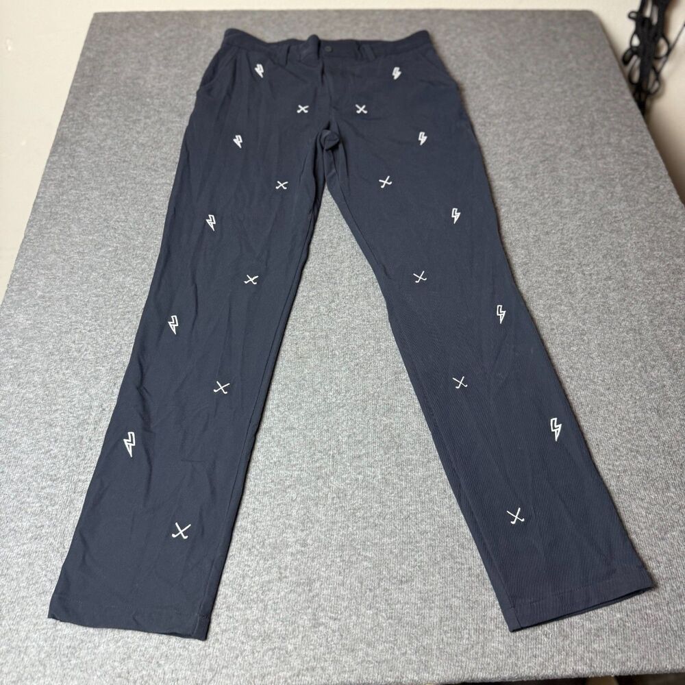 J.Lindeberg Golf Pants Navy Blue Mens 30x32 Golf Lighting Print Stretch 31x30.5*